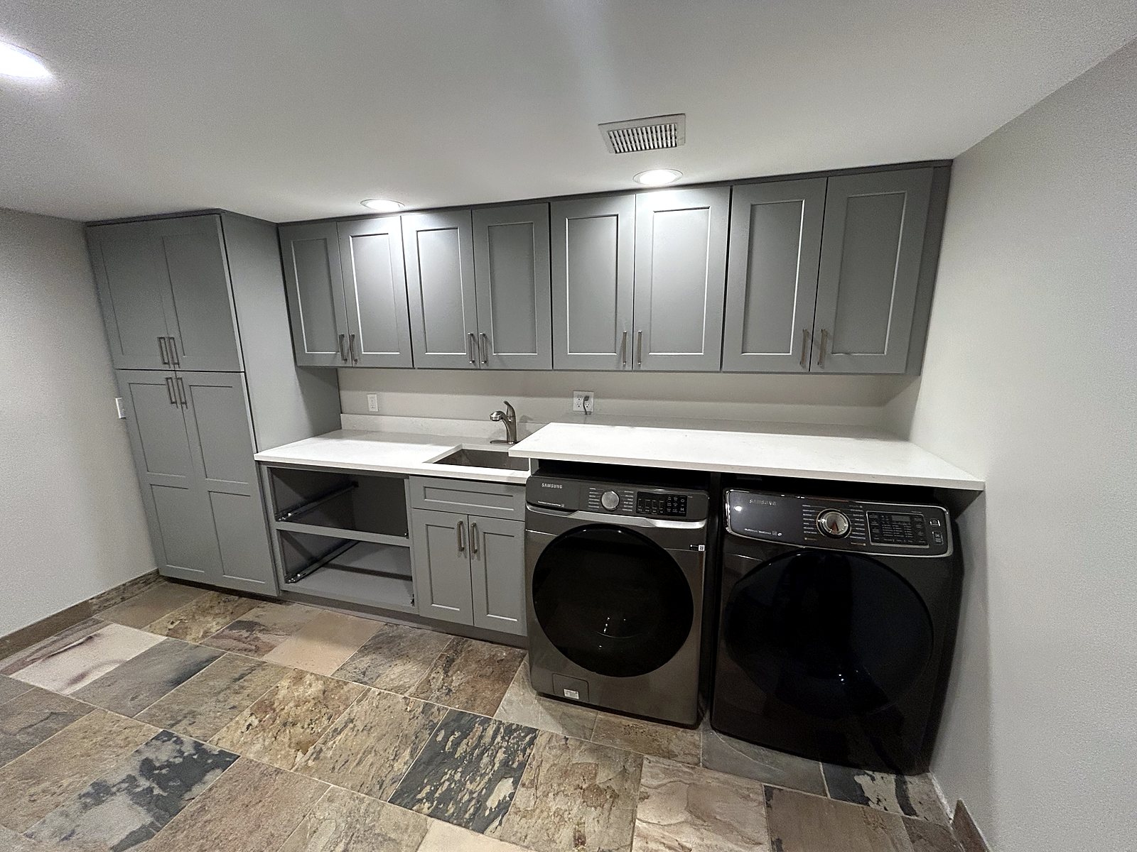 Gray shaker cabinets laundry room renovation King County Washington