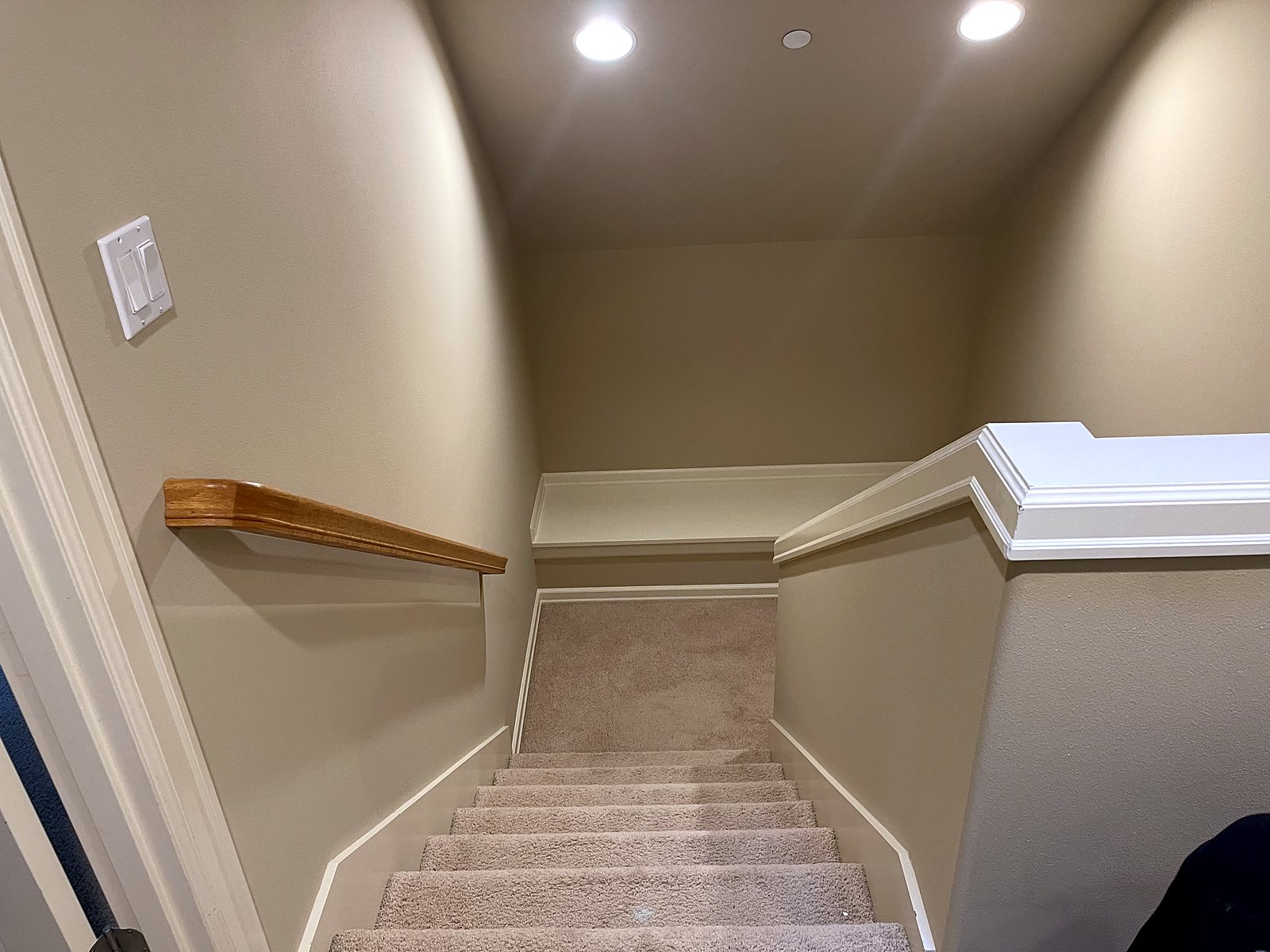 New carpeted staircase with white trim and wood railing, King County flooring.